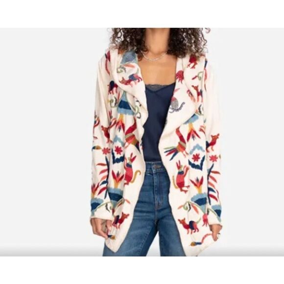 Johnny Was Biya Embroidered Hooded Sweater Druoin Short Cardigan Animals Women’s - Picture 1 of 5